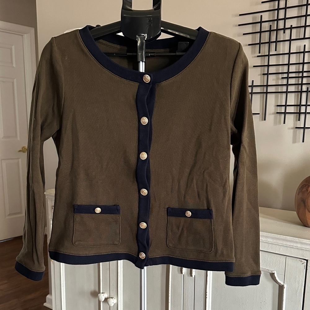 Talbots Olive Green Top with Navy Trim Long Sleeve